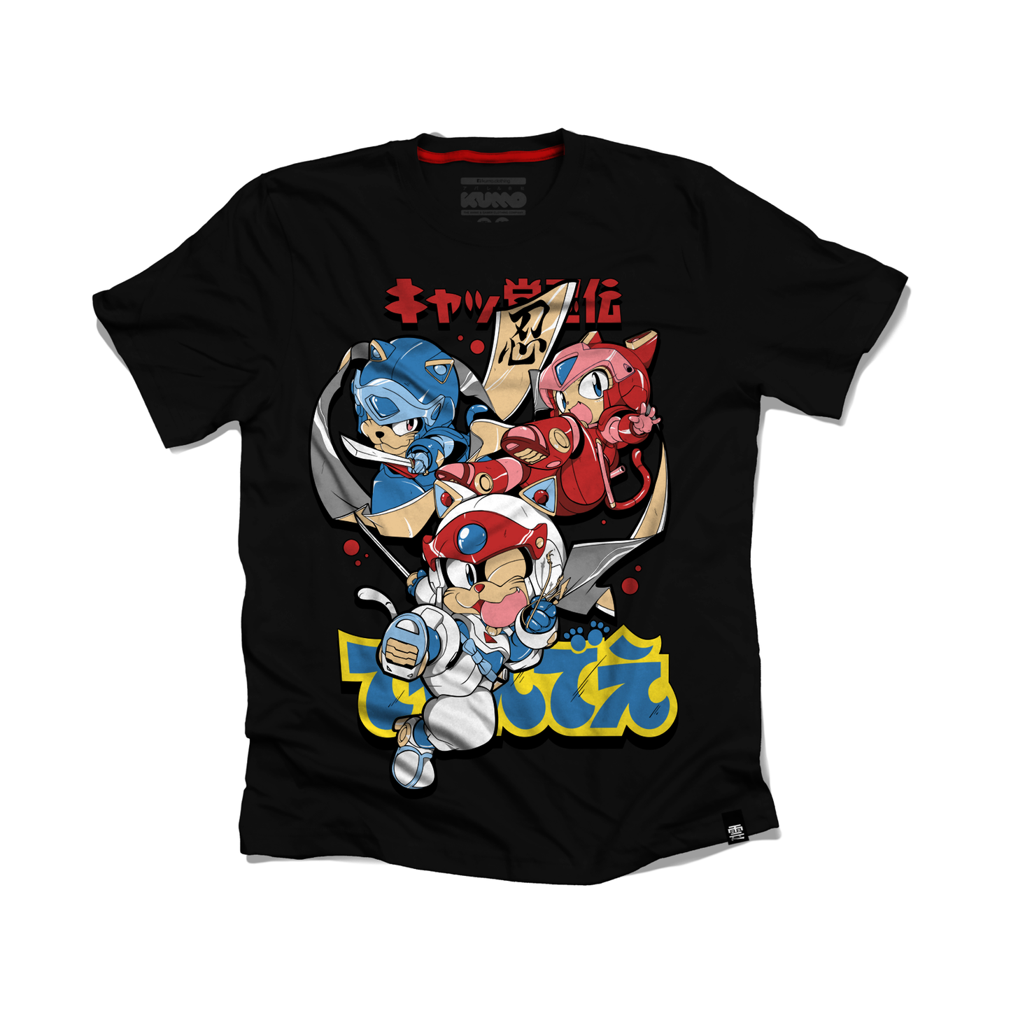 Vista frontal de la camiseta Gatos Samurai por KUMO inspirada en anime